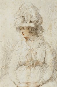 Naisen muotokuva, 1780-luku (musta-punainen liitu, korostettu valkoisella kiiltopaperille) tekijältä John Hoppner