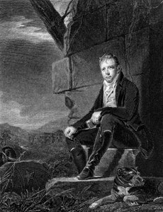 Walter Scott, skotlantilainen runoilija ja kirjailija, istuu kivellä koiran seurassa, 1808