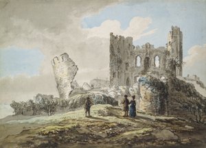 Caerphillyn linna (vesiväri, tussi ja lyijykynä paperille)
