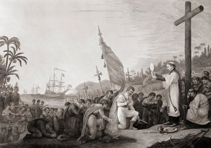 Kolumbus laskeutuu uuteen maailmaan (kaiverrus) tekijältä John James (after) Barralet