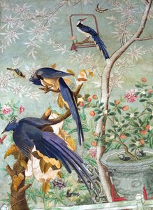 Harakkapari leikattu "The Birds of America" -teoksesta ja liimattu käsin maalatulle kiinalaiselle tapetille (kollaasille) tekijältä John James Audubon
