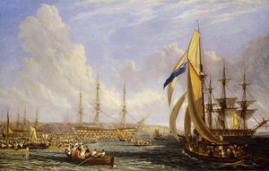 Merikohtaus Plymouthin edustalla (Englanti) elokuussa 1815. Öljy kankaalle tekijältä John James Chalon