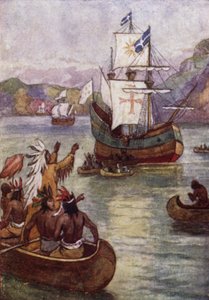 Ranskalaisen tutkimusmatkailijan Jacques Cartierin alukset St Lawrence-joella, Kanadassa