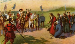 Kuningas Henrik VIII ja Catherine Howard saapuvat Yorkiin armon pyhiinvaelluksen jälkeen 1541 (chromolitho)
