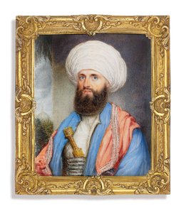 James Silk Buckingham (1786-1855), valkoisessa paidassa vaaleansininen takki, vaaleanpunainen brodeerattu huivi olkapäillä ja valkoinen turbaani, jossa tikari kiinnitettynä hänen cummerbundinsa, maisema tausta moskeijalla tekijältä John Jukes