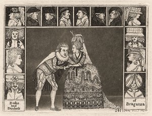 Mary Ann Yates ja Laurence Clinch esittävät Braganzan herttua ja herttuatarta Braganzassa yleisön jäsenten ympäröimänä. 1785 tekijältä John Kay
