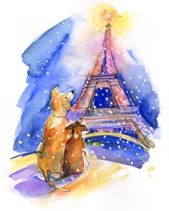 Koirat Eiffel-tornin kanssa, 2016, (akvarelli) tekijältä John Keeling
