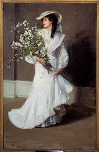 Kevät. Kevään allegoria: valkoiseen pukeutuneen naisen muotokuva kukkakimpulla. Sir John Laveryn (1856-1941) maalaus