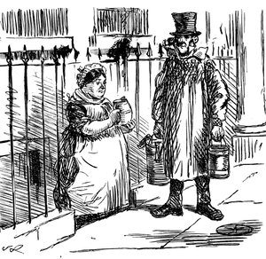 Sarjakuva, jossa kommentoitiin maidon vesittämistä sellaisiin mittasuhteisiin, että sen tarkistamiseksi oli saatava lainsäädäntöä. Kuvittanut John Leech (1817-1864), englantilainen karikaturisti ja kuvittaja tekijältä John Leech