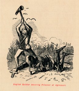 Englantilainen sotilas turvaa vankia Agincourtissa, c1860, c1860 tekijältä John Leech