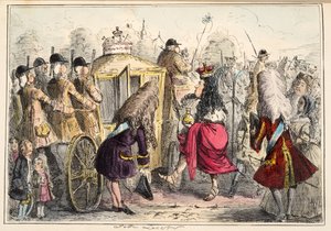 Georgey Porgey ensimmäinen, joka lähtee ajelulle State Coachy Pachyssa, The Comic History of England -pubista. 1864 (käsinvärinen etsaus) tekijältä John Leech