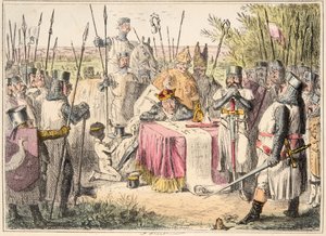Kuningas Johannes allekirjoittamassa Magna Cartaa, teoksesta The Comic History of England, pub. 1864 (käsin väritetty etsaus)
