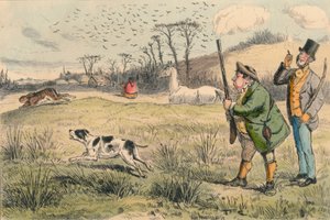 Mr. Jogglebury Crowdey koiransa ja aseensa kanssa, 1860-luku. tekijältä John Leech