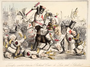 Mahtava taistelu Richard Coeur de Lionin ja Saladinin välillä, The Comic History of England, pub. 1864 (käsin väritetty etsaus)