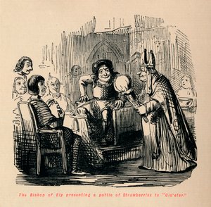 Elyn piispa esittelee mansikkapatjan Glosterille. tekijältä John Leech