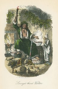 Joululahjan haamu ilmestyy Scroogelle. John Leechin (1817-64) kuvitus Charles Dickensille Joululaulu, Lontoo 1843-1834.