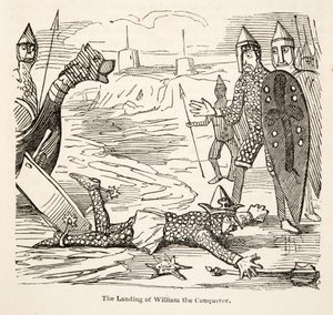 The Landing of William Conqueror, Englannin sarjakuvahistoriasta, pub. 1864 (puupiirros) tekijältä John Leech