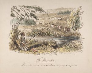 Joenvarsi, suotuisa tuuli ja taimen nousemassa niin nopeasti kuin mahdollista, 1830-64. tekijältä John Leech