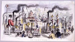 Näkymä Hyde Parkista, joka satiirisi höyryveturin tuloa, Lontoo, C1850 tekijältä John Leech