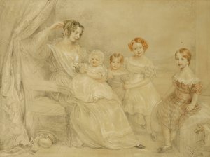 Muotokuva rouva W.S. Fry ja hänen neljä lasta: Emma, Willy, Julie ja Georgina, istuvat sisätiloissa, 1840 tekijältä John Linnell