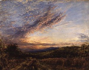 Auringonlasku Moorland-maiseman yllä, 1850-luvun alku (öljy paneelille) tekijältä John Linnell