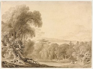 Figuurit istuvat järven rannalla metsäisessä maisemassa tekijältä John Martin