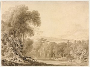 Figuurit istuvat järven rannalla metsäisessä maisemassa, 1820. tekijältä John Martin