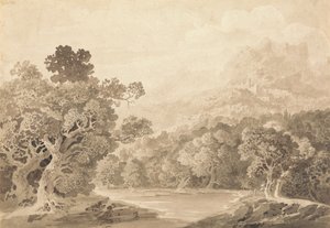 Metsäinen joen ranta, Hill Town ja Mountain Peaks etäisyydellä tekijältä John Martin