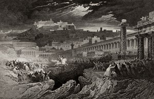 Marcus Curtius ratsastaa kuiluun, kaiverrus H. Le Keux tekijältä John Martin