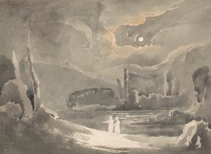 Kuutamoinen maisema raunioineen linnan kanssa tekijältä John Martin