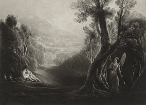 Saatana mietiskelemässä ja Eeva paratiisissa, n. 1827 (mezzotint) tekijältä John Martin