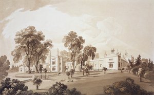 Näkymä maalaistalosta näytöllä talliin ja maatilarakennuksista Sezincote Houseen, kaivertanut Frederick Christian Lewis Snr. (1779-1856), n. 1817-18 (seepiaakvatinta)