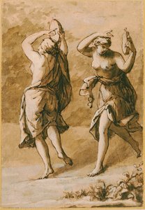 Two Maenads, A Study (ruskea pesu, jossa valkoiset kohokohdat ja ruskea muste paperille) tekijältä John Michael Rysbrack