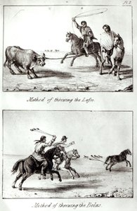 Methods of the Lasso and Bolas, John Miersin "Travels in Chile and La Plata", 1826 (litho) (bw photo) tekijältä John Miers