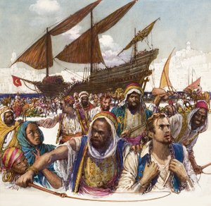 Vangittuja arabeja viedään kahleissa satamasta, taustalla näkyy dhow tekijältä John Millar Watt