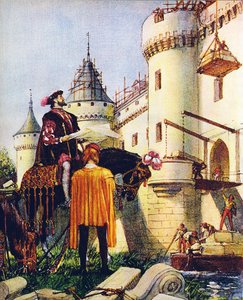 Ranskan kuningas Frans I, joka valvoo linnojen rakentamista (värilitografia). tekijältä John Millar Watt