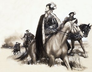 Tunnistamaton kuningatar poistuu savuavasta kaupungista saattueen saattamana. tekijältä John Millar Watt