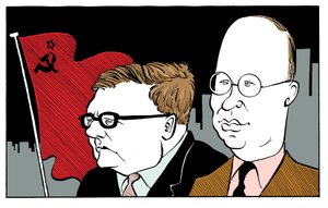 Dmitri Shostakovitš ja Sergei Prokofjev Neuvostoliiton lipun kanssa tekijältä John Minnion