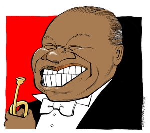 Louis Armstrong - karikatyyri, soittaa trumpettia tekijältä John Minnion