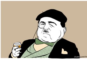 Reynaldo Hahn - saksalais-venezuelalaisen säveltäjän ja kapellimestarin karikatyyri viinilasillisen kanssa. tekijältä John Minnion