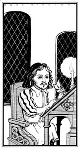 Thomas Tallis - karikatyyri kirjoituspöydän ääressä - englantilainen säveltäjä - 30. tammikuuta 1505 - 23. marraskuuta 1585 tekijältä John Minnion
