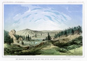 Hot Springs niiden lähteellä Lou Lou Forkissa, Bitterroot Mountainsissa, Montanassa, Yhdysvalloissa, 1856. tekijältä John Mix Stanley