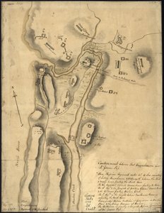 (Brittiläisten joukkojen sijoittaminen, linnoitukset Knipehausenin linnakkeesta pohjoiseen, eli Fort Washingtonista Fort Independenceen. LOC gm71002317