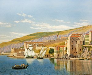 Näkymä Villefranche-sur-Meriin, Ranska (öljy aluksella) tekijältä John Mulcaster Carrick