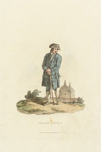 England - Plate 12. Greenwichin eläkeläinen, jolla on puujalka ja joka nojaa keppiin (akvatintta).