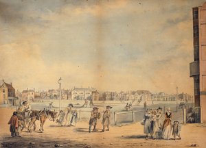 Brighton, jossa näkyy Miss Widgettin kiertävä kirjasto, Marlborough House, Castle Inn ja Assembly Rooms sekä Marine Pavilion, 1792 tekijältä John Nixon