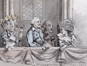 Karikatyyri yleisöstä Händelin muistotilaisuudessa Westminster Abbeyssa vuonna 1787 (tussi ja akvarelli).