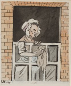 Palvelustyttö puhdistaa ikkunaa, 1789 (tussi ja wc paperille) tekijältä John Nixon