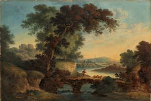 Maisema linnalla ja sillalla, noin 1808-20 (guassi ja akvarelli) tekijältä John Oldfield