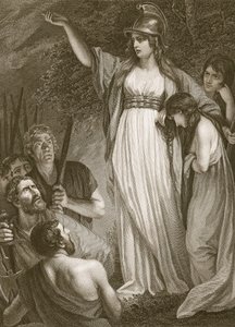 Boadicea ahdistaa brittejä, kaiverrettu Sharpilta, kuvitus David Humen teoksesta 